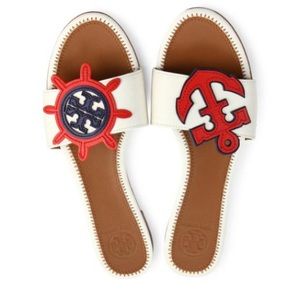 Tory Burch White Maritime Slide Leather Sandals 8